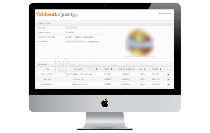Interface de gestion de vidéos de fieldworks.Quality - Némésis studio