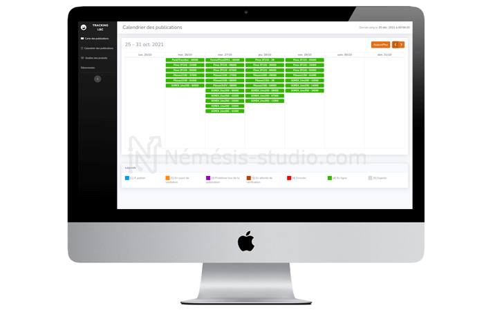 Calendrier des publications avec un code couleur en fonction du statut des annonces - Némésis studio