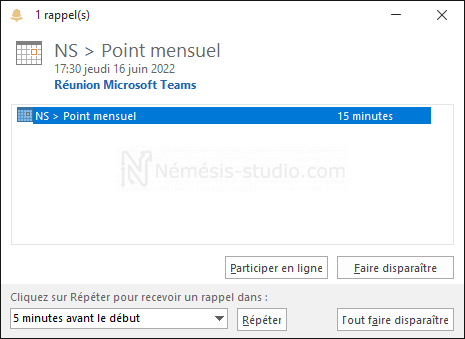 Interface de rappel de Outlook